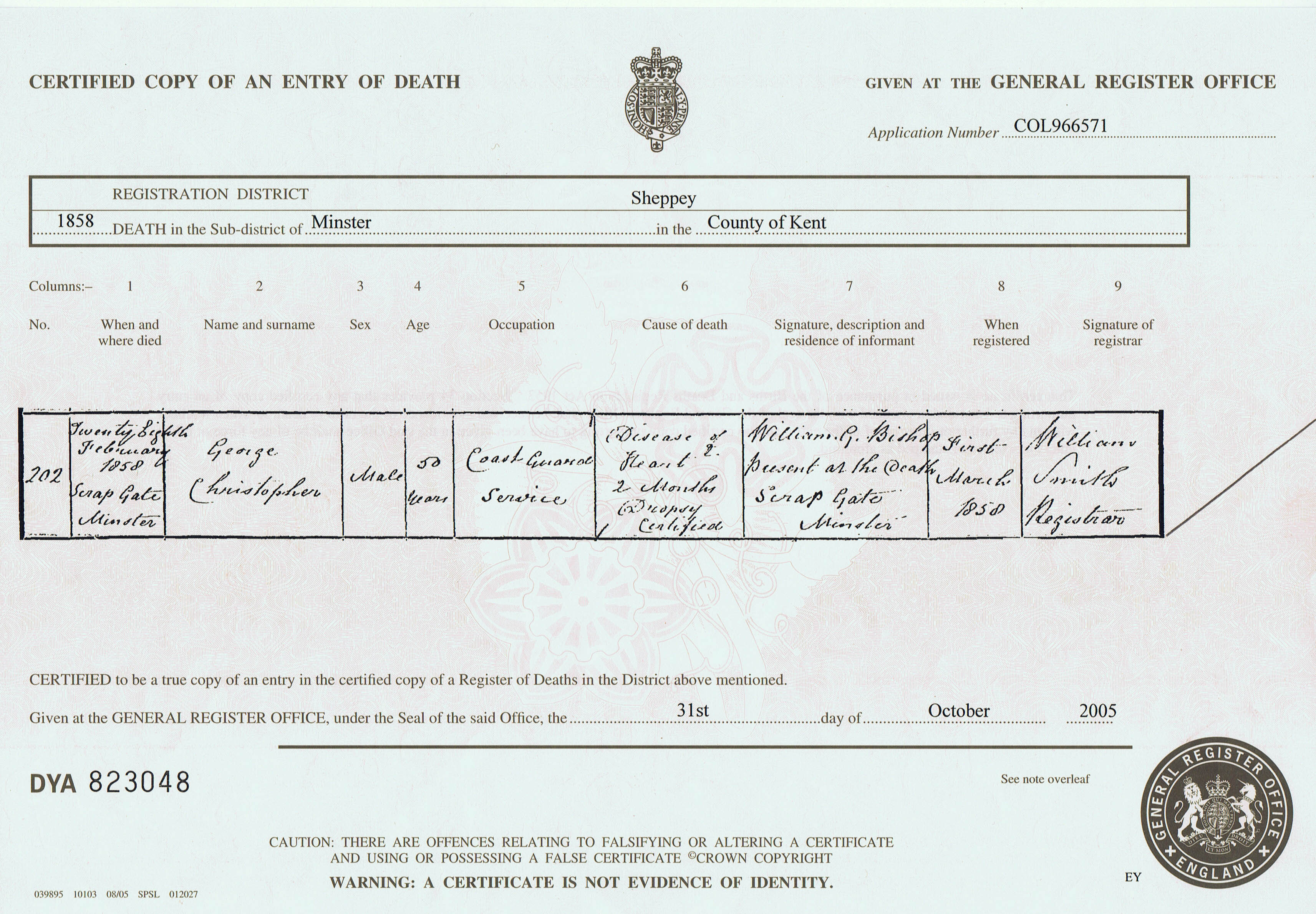 George Christopher Death Cert 1858