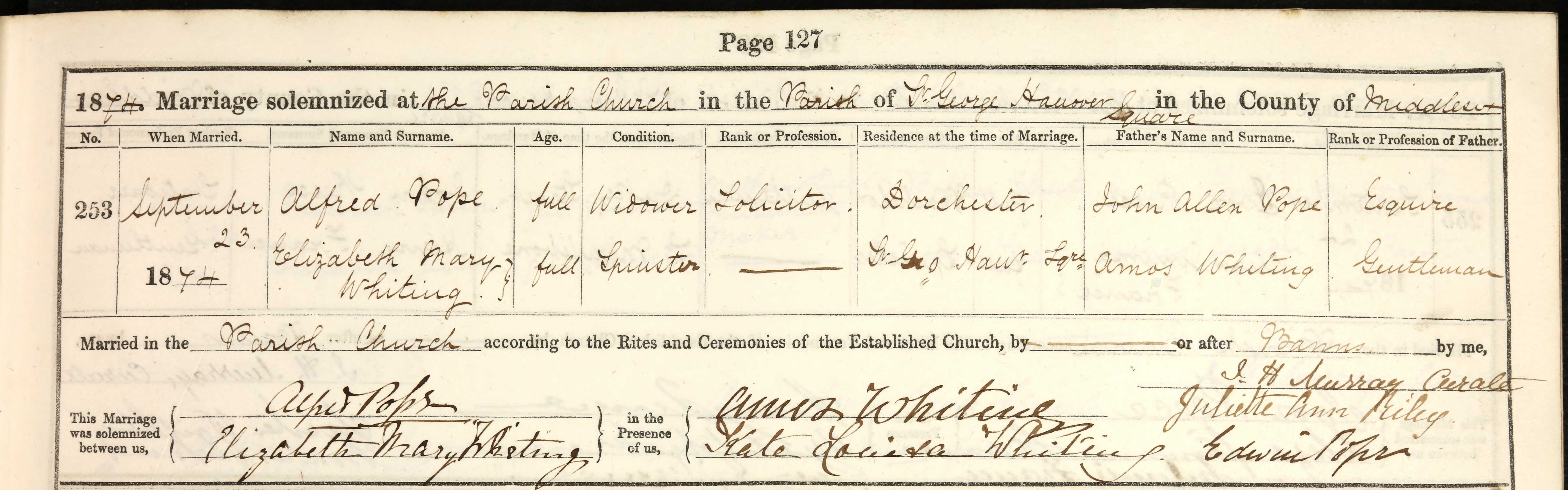 Alfred Pope marriage cert 1874